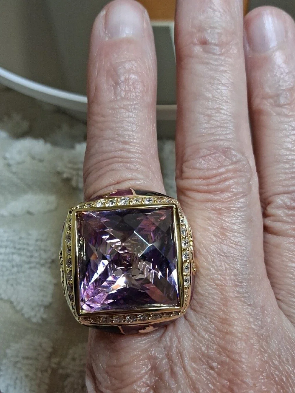 Gold-Tone Enamel Ring with Faceted Lilac Purple Crystal